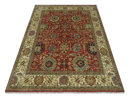 Antique Rust And Beige Traditional Floral Hand Knotted Wool Rug 8x10 ft Ideal for Living, Bedroom And Dining Rooms | CP2481810