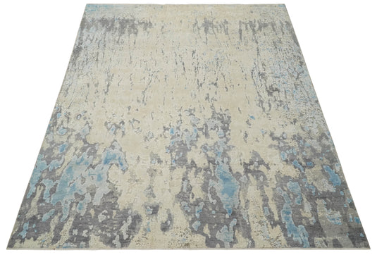 Abstract Pattern Blue, Beige And Charcoal Hand Carved 8x10 ft Bedroom, Living Room Rug Art Silk Area Rug