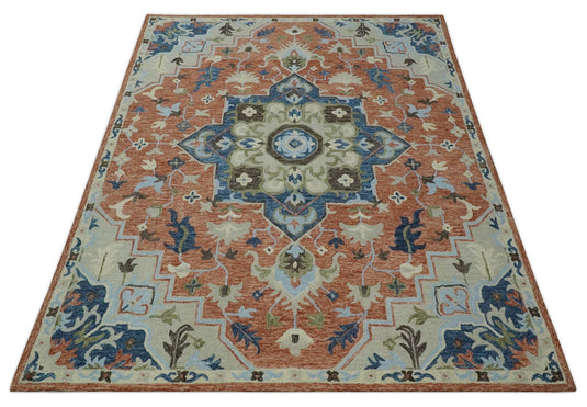 Custom Made Traditional Floral Beige, Blue, Green And Rust Hand Tufted Wool Area Rug