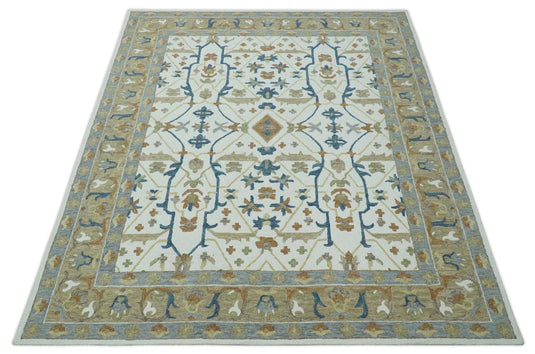 Custom Made Traditional Pattern Brown, Blue, Silver, And Ivory Hand Tufted Wool Area Rug