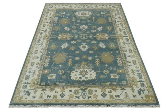 Custom Made Hand Knotted Teal, Beige And Olive Classic Oriental Oushak Rug Wool Area Rug