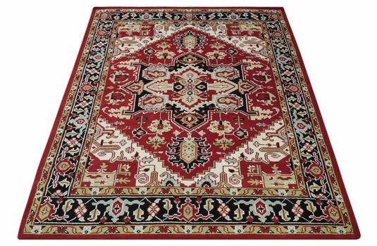 Custom Made Traditional Medallion Pattern Red, Black, Beige and Ivory Hand Knotted wool Area Rug