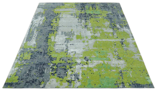 Modern Abstract Green, Ivory, Gray And Charcoal Hand Knotted 8x10 ft Bedroom, Living Room Rug Wool Area Rug