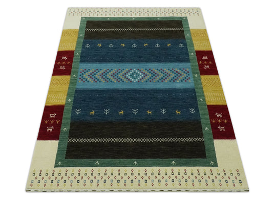 Custom Made Lori Gabbeh Ivory, Black, Maroon, Yellow And Green Handloomed Wool Area Rug