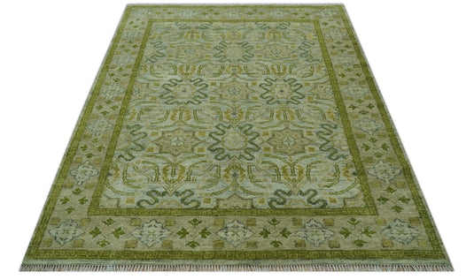 Hand Knotted Green, Silver And Olive Traditional Floral Motifs Wool Rug 8x10 ft Ideal for Living, Bedroom And Dining Rooms