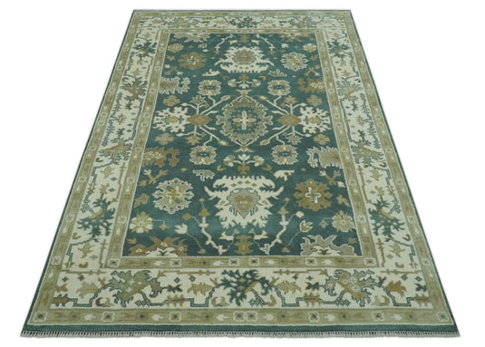 Custom Made Hand Knotted Classic Floral Motifs Oushak Rug Deep Green, Ivory And Olive Wool Area Rug