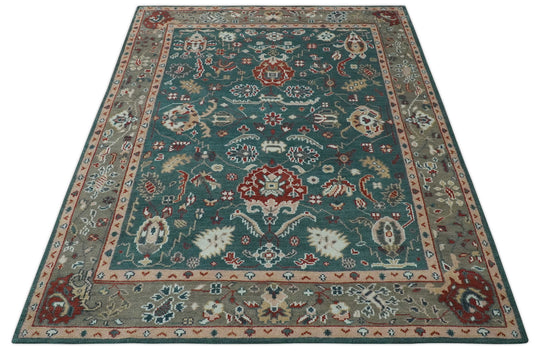 Traditional Oushak Green, Brown and Rust Hand Knotted 8x10 ft wool Area Rug