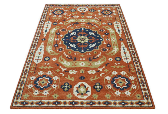 Custom Made Rust, Blue And Ivory Traditional Medallion Mamluk Hand Knotted Wool Area Rug