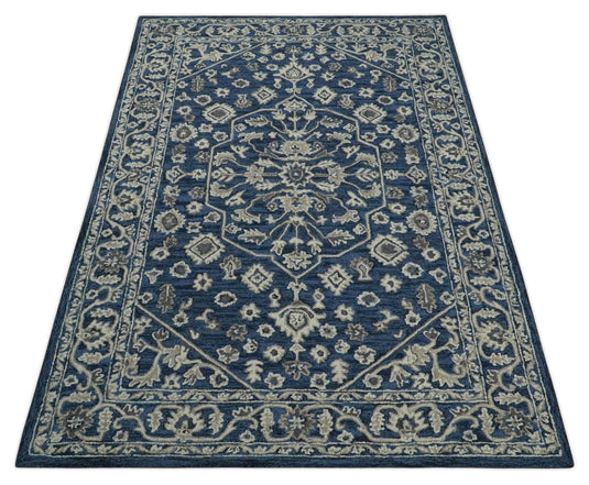 Custom Made Hand Tufted Navy Blue and Beige Traditional Medallion Wool Area Rug