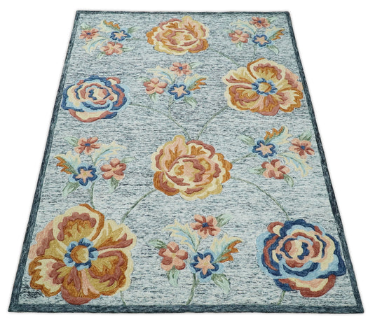 Custom Made Floral Gray, Blue, Peach, Gold  And Green Hand Tufted Wool Area Rug