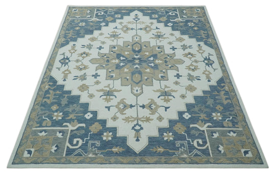 Custom Made Blue, Beige And Ivory Traditional Medallion Hand Tufted Wool Area Rug