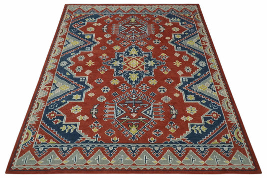 Tribal Pattern Rust, Blue and Silver Hand Knotted 8x10 ft wool Area Rug