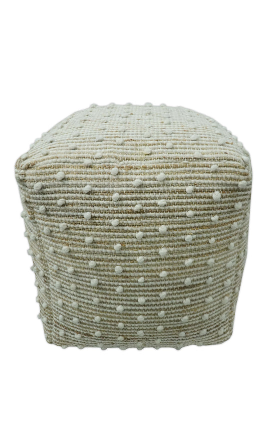 Polka Dots Light Beige And White Jute And Wool Ottoman Footstool, Seat, Foot Rest Living Room, Bedroom