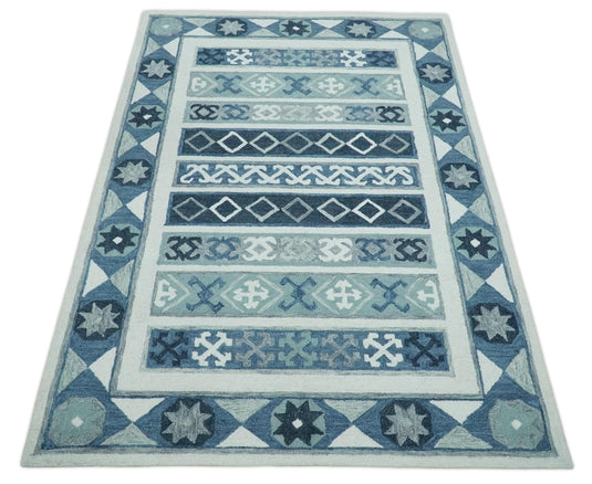 Custom Made Blue, Teal, Ivory And Charcoal Tribal Pattern Hand Tufted Wool Area Rug