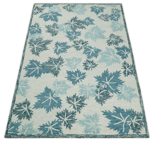 Custom Made Leaves Pattern Teal And Ivory Hand Tufted Wool Area Rug