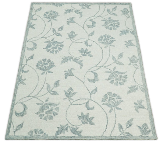 Custom Made Ivory And Gray Floral Hand Tufted Wool Area Rug