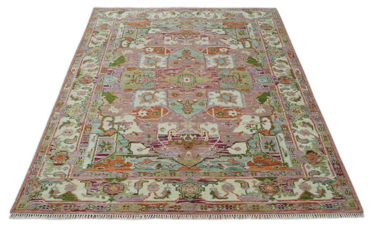 HandKnotted Heriz Rug Pink and Ivory Ideal for Living, Bedroom, and Dining Rooms 5x8, 6x9, 8x10, 9x12 and 10x14 Wool Rug