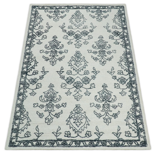 Custom Made Floral Pattern Black And White Hand Tufted Wool Area Rug