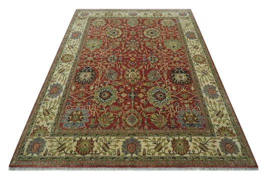 Custom Made Hand Knotted Maroon, Olive, Beige And Ivory Herati Wool Area Rug
