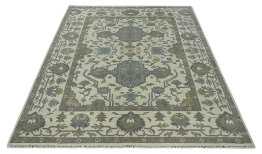 Traditional 8x10 Ivory and Brown Hand Knotted Oushak Wool Area Rug