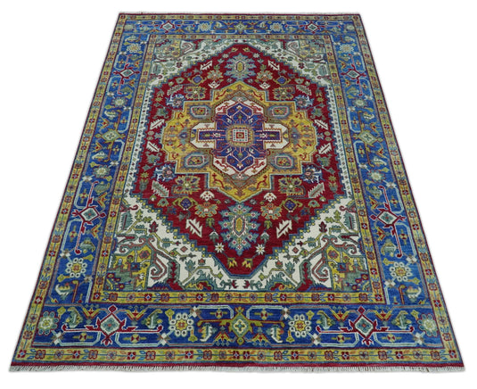 Multi Size Traditional Heriz Serapi Ivory, Gold and Electric Blue wool Area Rug