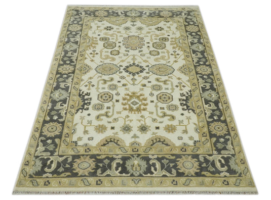 Custom Made Hand Knotted Oushak Ivory, Beige, Gray And Charcoal Wool Area Rug