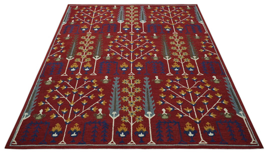 Custom Made Tree Of Life Maroon, Blue, Gray and Gold Hand Tufted Wool Area Rug