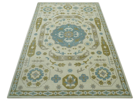 Ivory, Blue, Gray And Olive Traditional Medallion Mamluk Hand Knotted 6x9 ft wool Area Rug