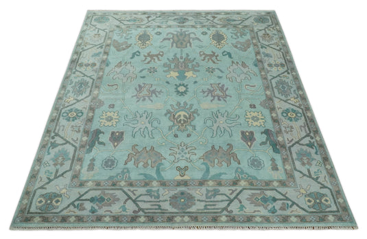 Oriental 8x10 Hand Knotted Aqua and Silver Oushak traditional Wool Area Rug