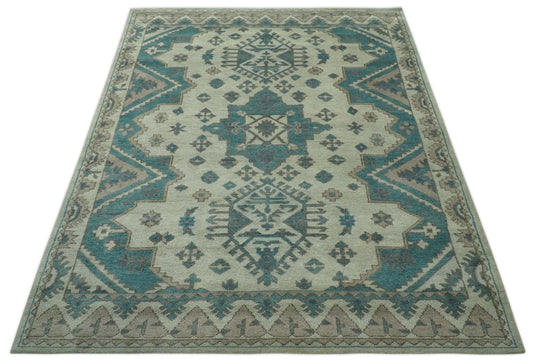 Custom Made Tribal Pattern Beige,Teal and Brown Traditional Hand knotted wool Area Rug