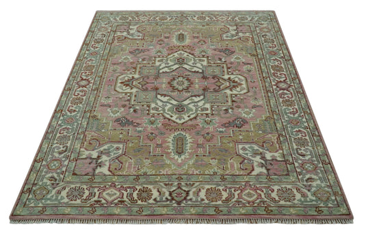 Traditional Heriz Pink, Olive And Ivory Hand Knotted Wool Rug 8x10 ft Ideal for Living, Bedroom And Dining Rooms