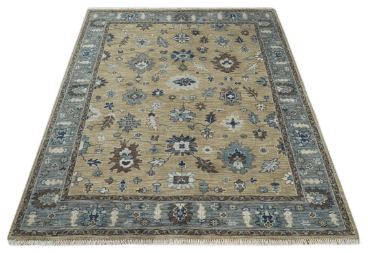 Custom Made Traditional Floral Light Brown and Gray Hand Knotted Oushak Wool Area Rug