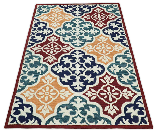 Custom Made Ivory, Maroon, Blue, Teal And Yellow Moroccan Hand Tufted Wool Area Rug