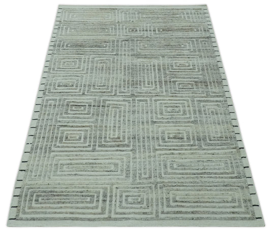 Custom Made Modern Maze Pattern Gray And White Hand Knotted Wool Area Rug