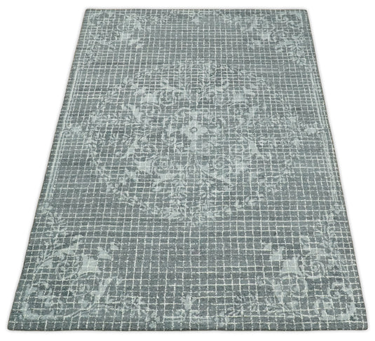 Custom Made Modern Floral Pattern Gray Hand Tufted Wool Area Rug