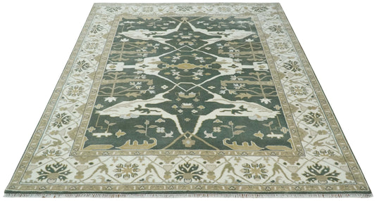 Hand Knotted Oriental Oushak Rug Green, Ivory and Beige Multi Size Ideal for Living, Bedroom, and Dining Room