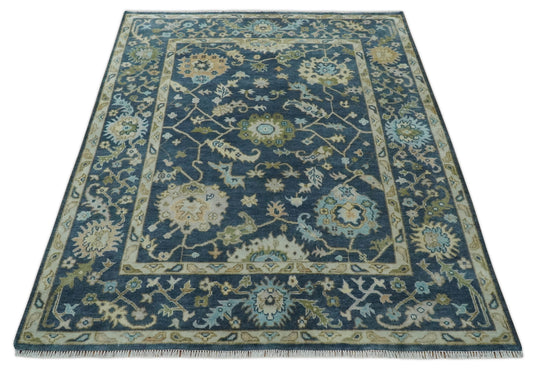 Hand Knotted Traditional Oushak Rug Blue and Beige Multi Size Ideal for Living, Bedroom, and Dining Rooms |