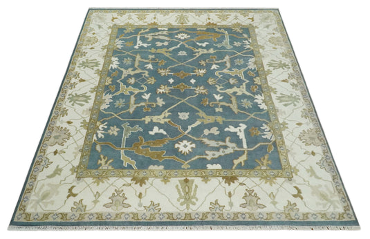 8x10 Blue, Ivory and Beige Hand Knotted Oriental Oushak Wool Area Rug