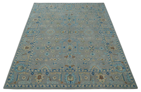 Traditional Floral Gray, Blue, Aqua, Beige And Ivory Hand Knotted 8x10 ft Bedroom, Living Room Rug Wool Area Rug