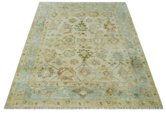 Hand Knotted Vintage Oushak Rug Beige and Blue Multi Size Ideal for Living, Bedroom, and Dining Rooms |