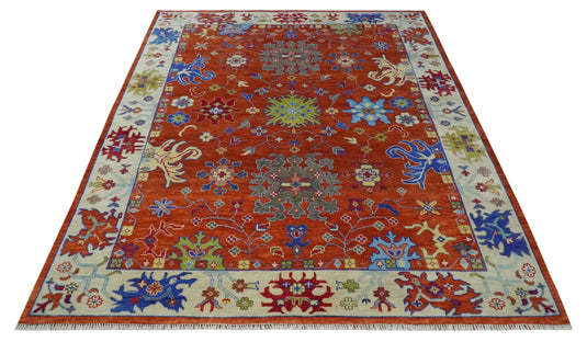 Hand Knotted Oriental Oushak Colorful Rug Rust and Ivory Multi Size Ideal for Living, Bedroom, and Dining Rooms |