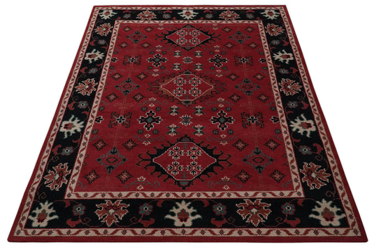 Traditional Tribal Pattern Red and Black Hand Knotted 8x10 ft wool Area Rug