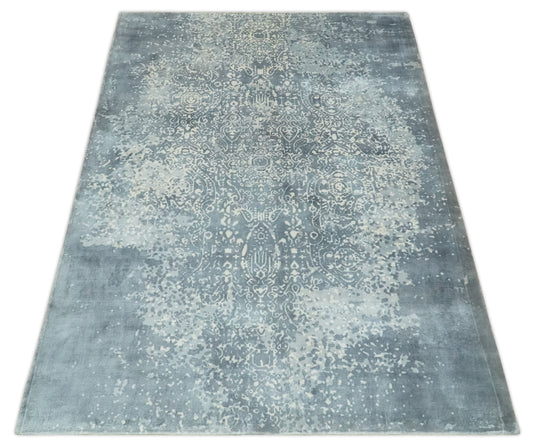 Abstract Floral Silver, Gray And Ivory Handloom 5x8 ft Bedroom, Living Room Rug Wool And Viscose Area Rug