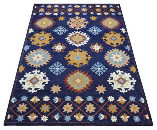 Custom Made Blue, Aqua, Maroon And Camel Hand Tufted  Wool Area Rug