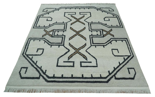 Farmhouse Tribal Pattern Ivory and Charcoal 8x10 Hand Knotted Antique South Western Area Rug