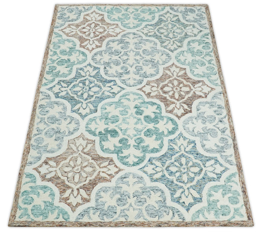 Custom Made Floral Pattern Blue, Rust, Aqua And ivory Hand Tufted Wool Area Rug