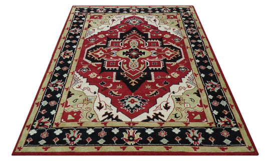 Custom Made Traditional Pattern Traditional Pattern Red, Black, Ivory And Beige Hand Knotted Wool Area Rug