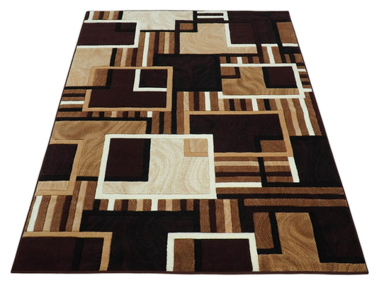 Modern Geometrical Pattern Beige, Brown, Black And White Hand Woven 6x8 ft Bedroom, Living Room Rug Polyester Area Rug