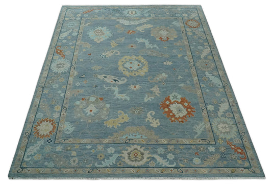 Custom Made Antique Floral Oushak Hand Knotted Gray, Beige, Blue And Rust Wool Area Rug