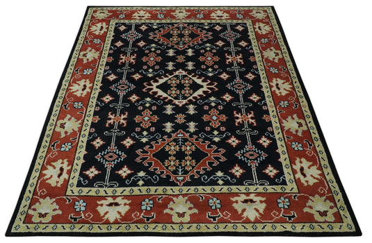 Traditional Tribal Pattern Black, Rust And Ivory Hand Knotted 8x10 ft wool Area Rug